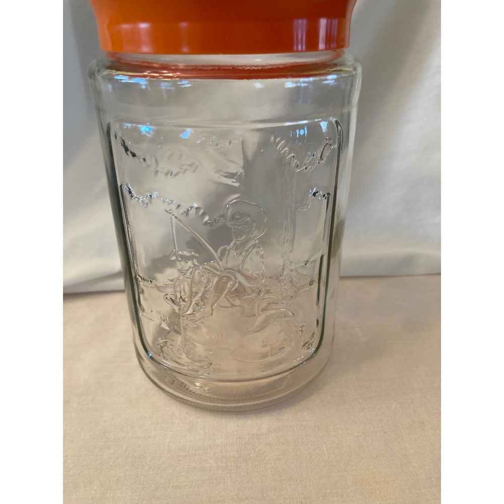 Vintage Glass Jar Orange Lid Embossed Scene "SUMMER" Bottom